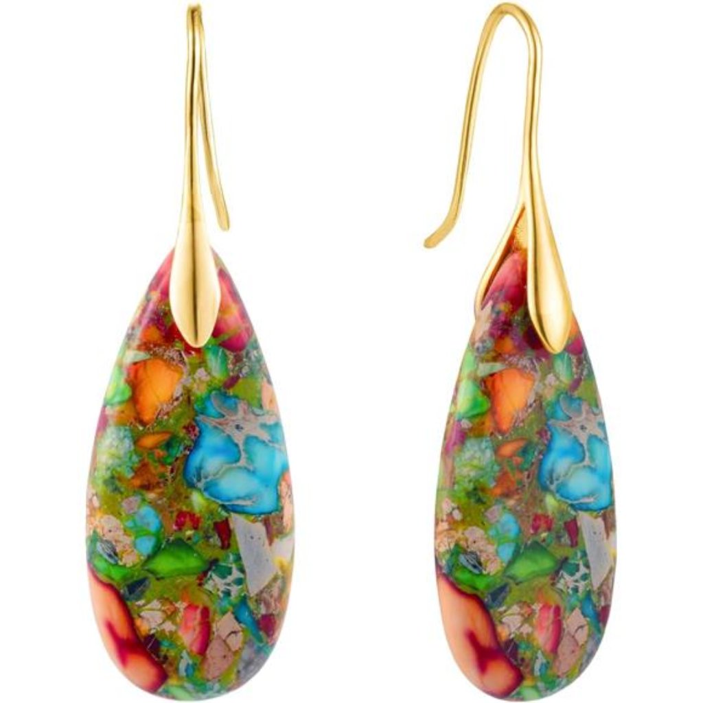 Stone Fishhoop Dangle Drop Earrings Statement Earrings Gold Tone